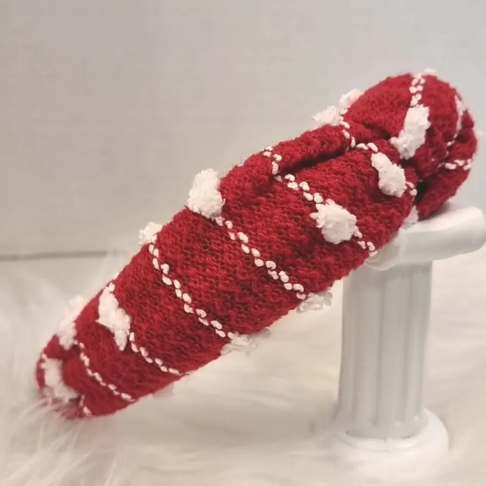 New! Cozy Red & White Festive Knit Padded Headband